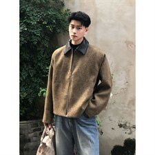 美式复古老钱风pu皮拼接短款夹克男秋冬季高级感cleanfit毛呢外套，男装夹克，四季星座505