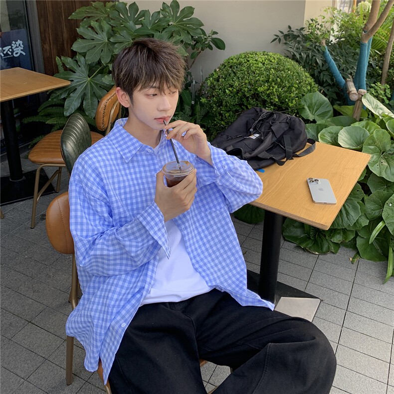 B413-1-DX825格子长袖衬衫男港风休闲男女同款衬衣薄外套宽松控79，男装衬衫，电商B413-1