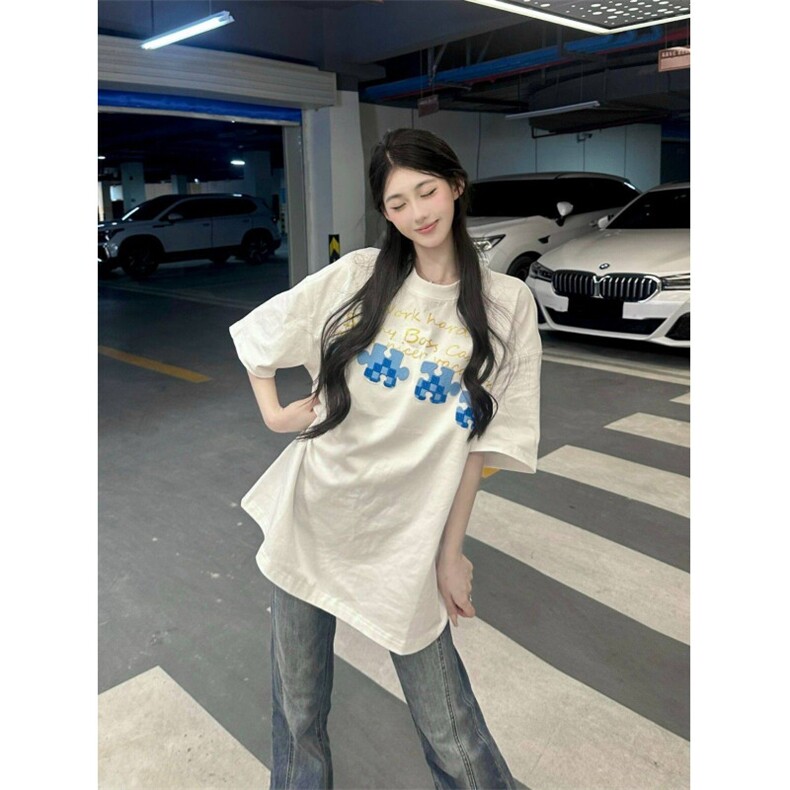 H0789-P35推荐#刺绣+印花中长款短袖T恤，女装T恤，星座617A-2