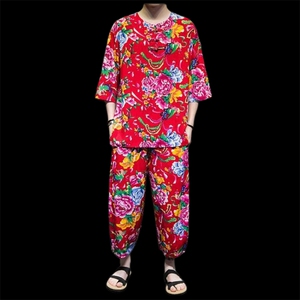 TZ340男女休闲半盘口七分袖风套装东北大花可睡衣运动汉服图片