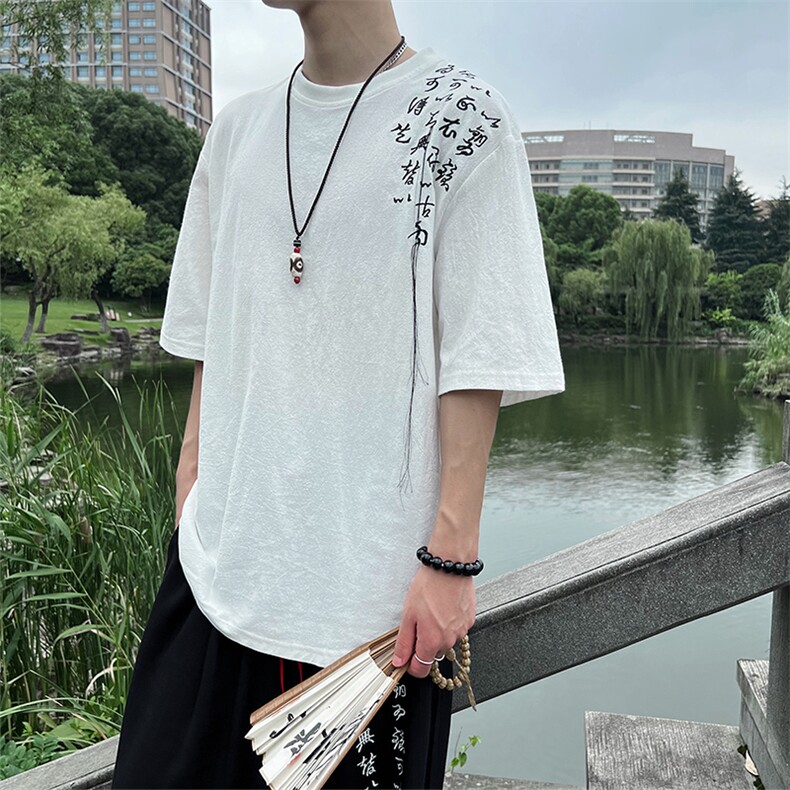 现货不骗人~新中式风夏季新款款刺绣圆领T恤男女T062-P35,男装T恤,电商A021