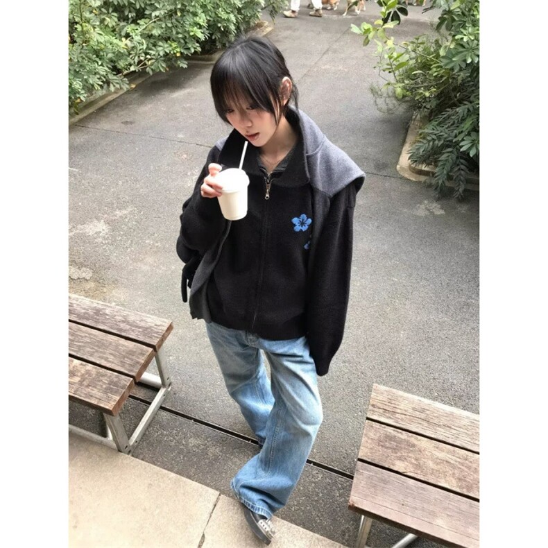 复古蓝色樱花拉链翻领毛衣氛围boxy短宽秋季新款慵懒针织开衫简约,男装针织衫/毛衣,星座506A