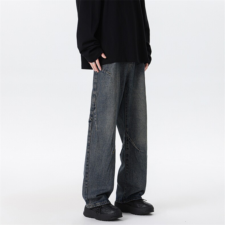 褶皱水洗牛仔裤M~8XL大码宽松设计感美式高街复古直筒裤NZ9001P55，男装牛仔裤，电商B238
