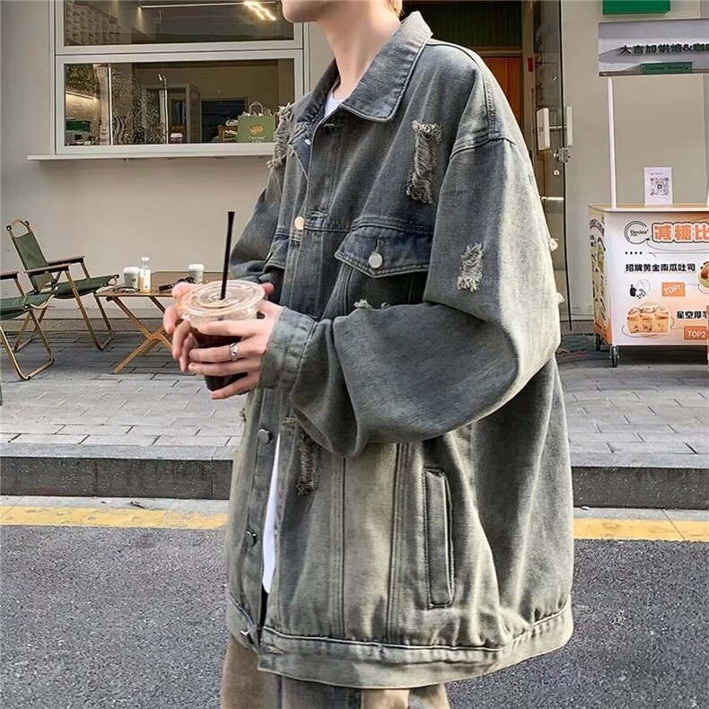 美式高级感水洗破洞牛仔外套男春秋痞帅夹克潮牌JK310-P60,男装工装外套,星座208-5
