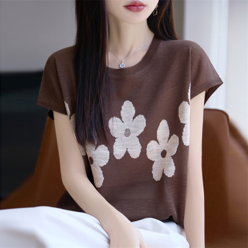 时尚提花短袖t恤女夏季2025新款打底衫洋气大码冰丝针织女装上衣,女装T恤,大美人包芯纱店
