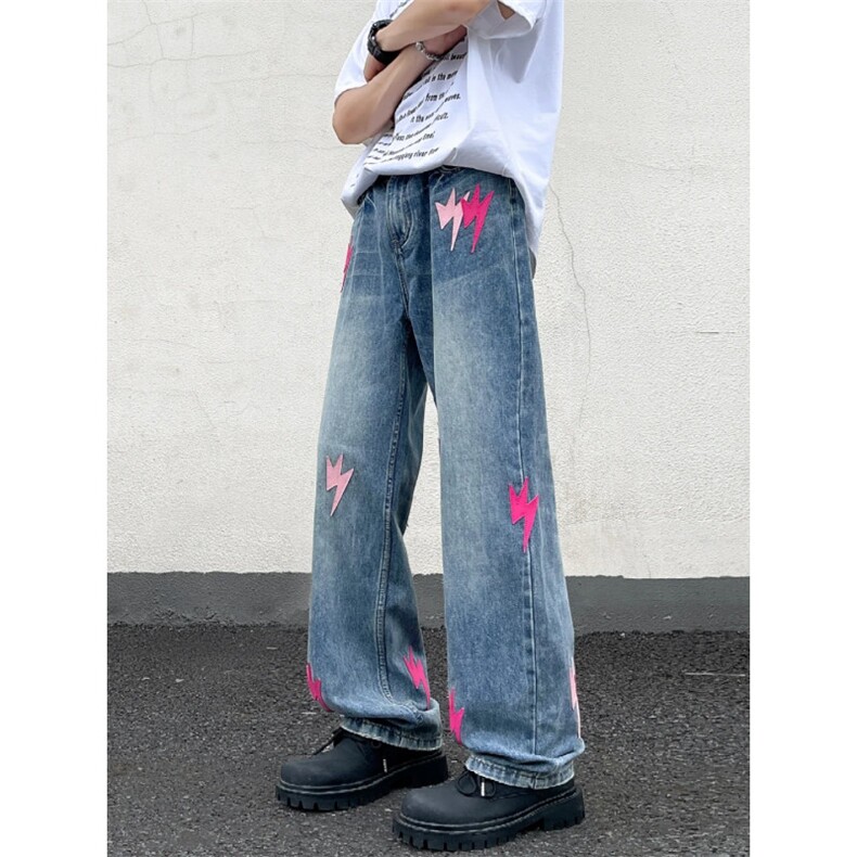 美式复古粉色闪电贴布弯刀牛仔裤男宽松直筒裤P47YW914，男装牛仔裤，星座1112-1