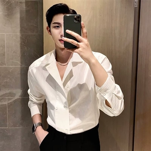 条纹衬衫男双排扣小众设计感长袖衬衣雅痞风男生禁欲系衣服 C14图片