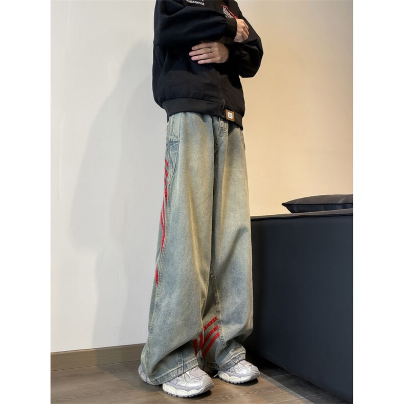 织带条纹牛仔裤男hiphop美式复古水洗裤子秋季潮牌宽松阔腿长裤,男装牛仔裤,星座410-6（原星座1304-1）