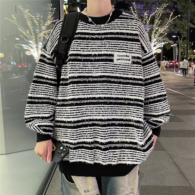 秋冬新款小众设计复古拼色条纹套头针织衫潮牌宽松慵懒风毛衣MY55,男装针织衫/毛衣,星座302B-2