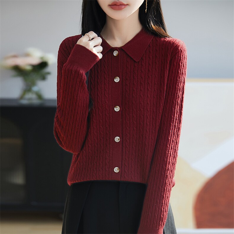 精纺100纯羊毛polo领麻花针织开衫女修身显瘦简约通勤毛衣外搭薄,针织衫/毛衣,朝思羊绒