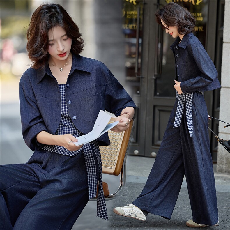 2025秋装新款衬衣+格子吊带三件套,女装套装/套裙,依路服饰