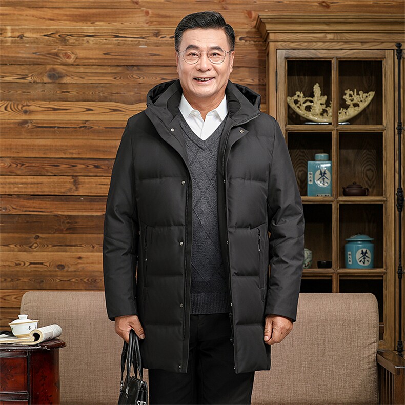 2024年冬季老年休闲男士连帽中长款羽绒服男装加厚保暖白鸭绒外套图片