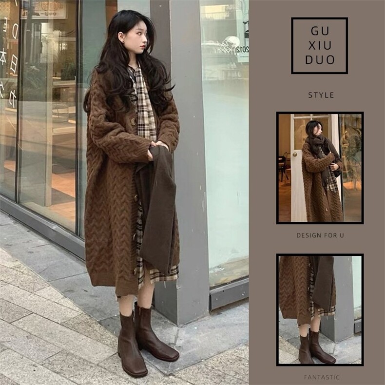 棕色开衫针织毛衣外套中长款早秋小个子上衣女初秋2025新款慵懒风，男装针织衫/毛衣，星座1210-1