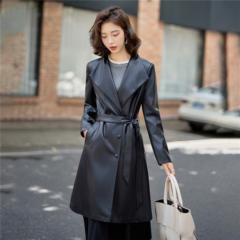 高级感系带收腰皮衣女中长款2025秋冬季新款气质pu皮风衣外套大衣,女装皮衣,吾爱衣