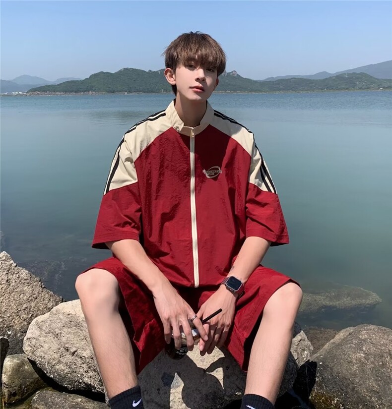 美式休闲套装男夏季薄款夹克短袖短裤炸街两件T2239-P52,男装休闲套装,星座1001-1