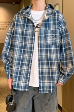 美式复古高级感连帽格子衬衫外套百搭情侣XZ102B-1CS291P58，男装衬衫，星座102B-1