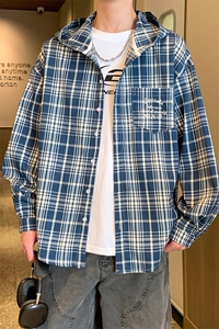 美式复古高级感连帽格子衬衫外套百搭情侣XZ102B-1CS291P58图片