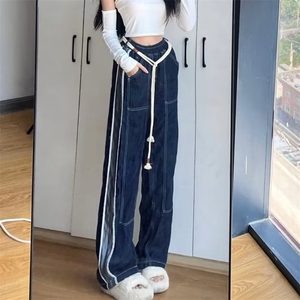1038-P45 高腰抽绳拼接美式辣妹2025秋冬韩版百搭高街显瘦阔脚裤图片