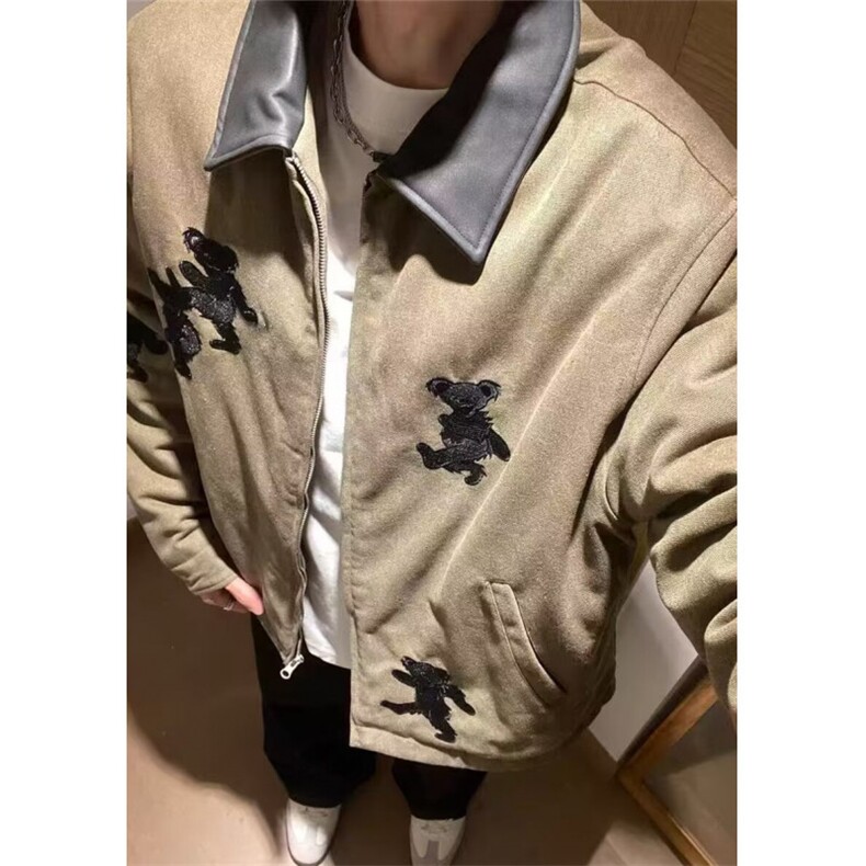 小熊刺绣翻领夹克男女春秋季设计感宽松中性风休闲外套J84,男装夹克,星座1116A（原606A-3）