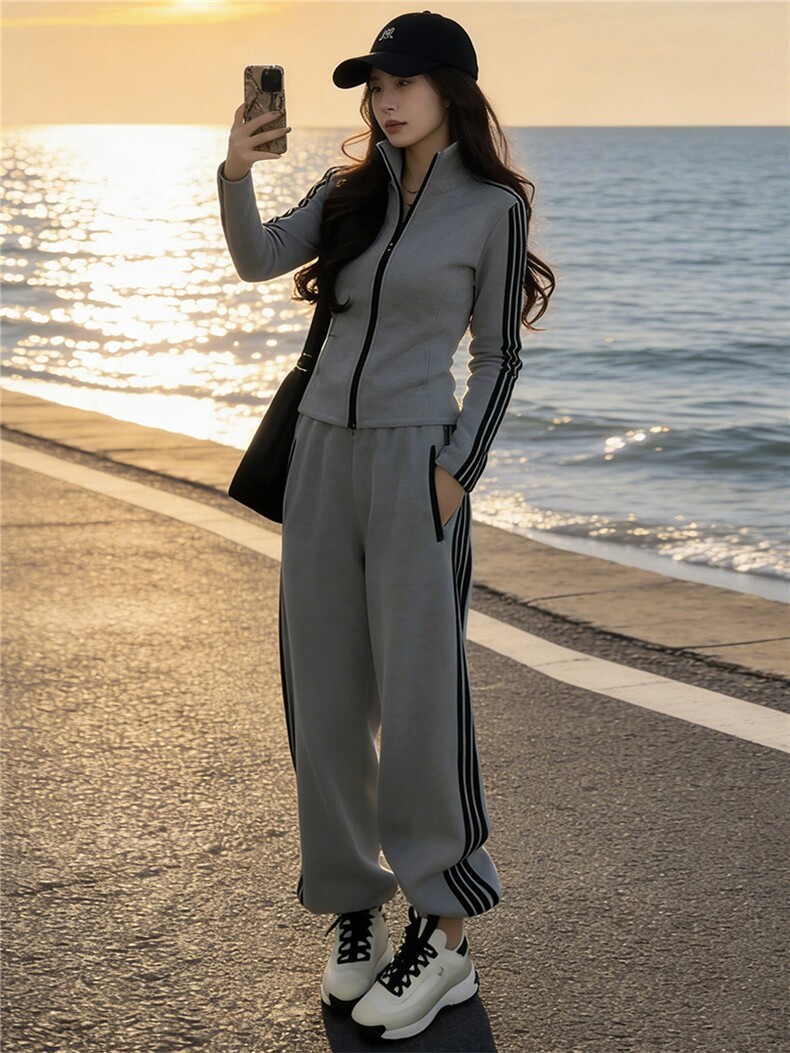 韩版休闲运动套装女春季新款高级感显瘦立领卫衣时尚阔腿裤两件套,女装套装/套裙,江南