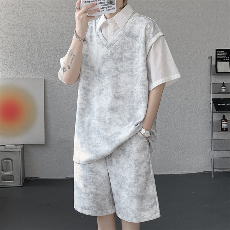 扎染套装西装领休闲春夏套装短袖短裤潮流休闲套装扎染面料特P65,男装休闲套装,电商B319