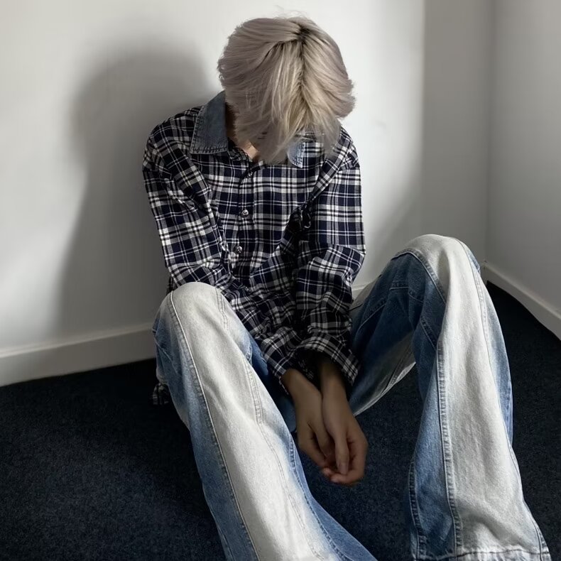 【有货】DC05-特P55春秋黑白格子长袖衬衫男复古宽松衬衣百搭外套图片