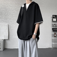 8XL-M假两件短袖卫衣连帽t恤男夏季薄款宽松大码学生半袖DT007P48，男装T恤，电商B312