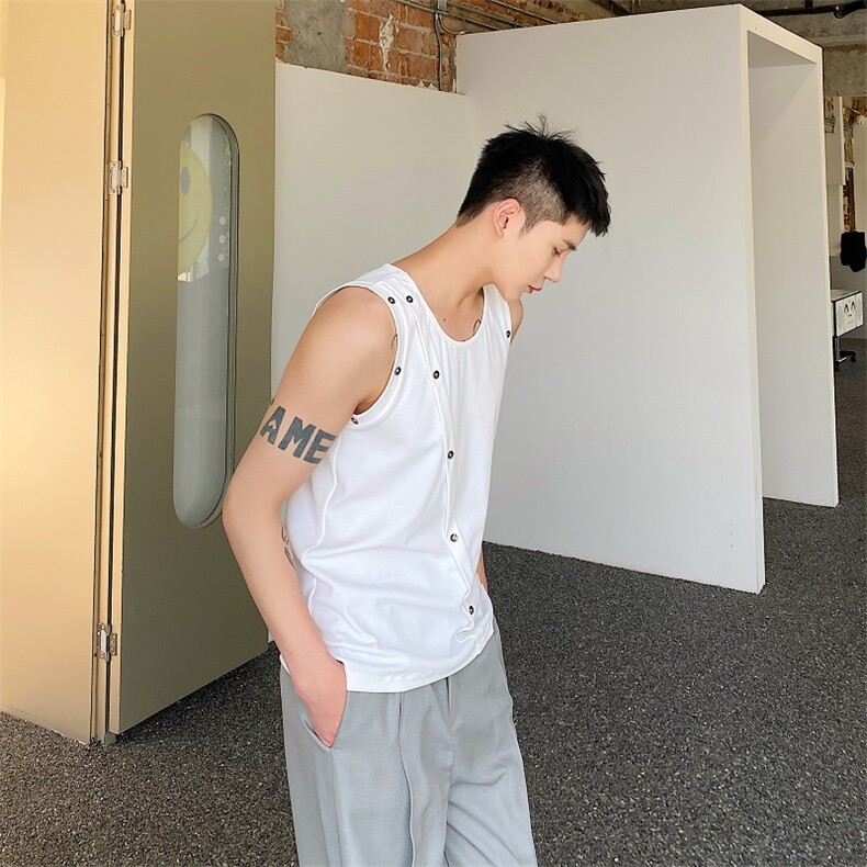 夏季潮流紧身圆领无袖纯色男女背心个性纽扣设计无坎肩黑心158P55,男装背心/马甲,星座901-1（原C217）