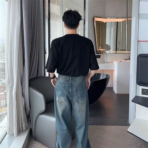 美式重磅高级感设计感牛仔裤男女宽松高街阔腿垂感直筒裤长裤潮图片