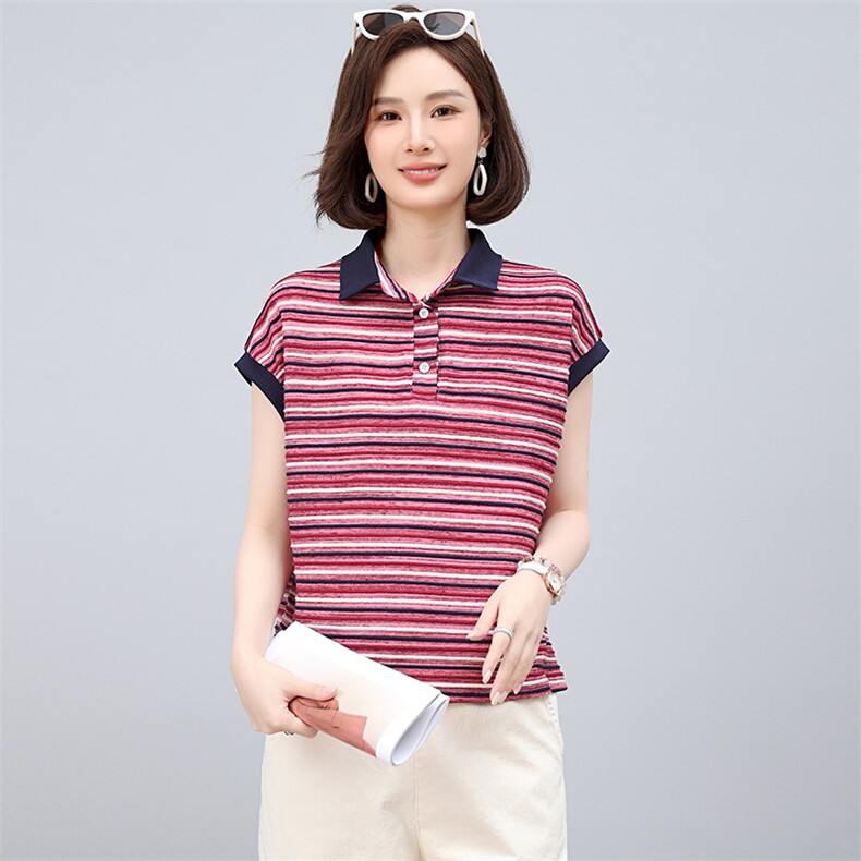 小个子条纹翻领T恤女夏季韩版休闲宽松年轻款妈妈薄款小衫上衣潮,女装T恤,江忆布依