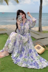 温柔风法式油画碎花连衣裙女夏2025新款长裙独特绝美巨好看度假风，女装连衣裙，2C029