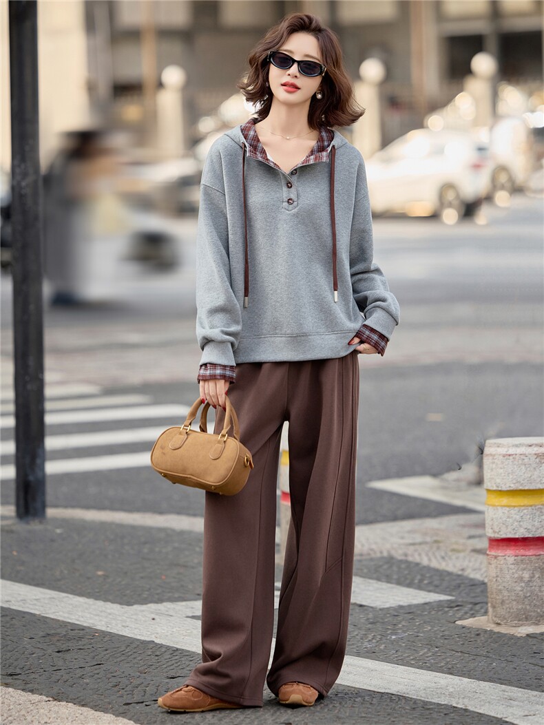 蓝色加绒连帽卫衣女2025冬季新款加厚两件套装宽松直筒卫裤撞色,女装卫衣/绒衫,梦懿尔