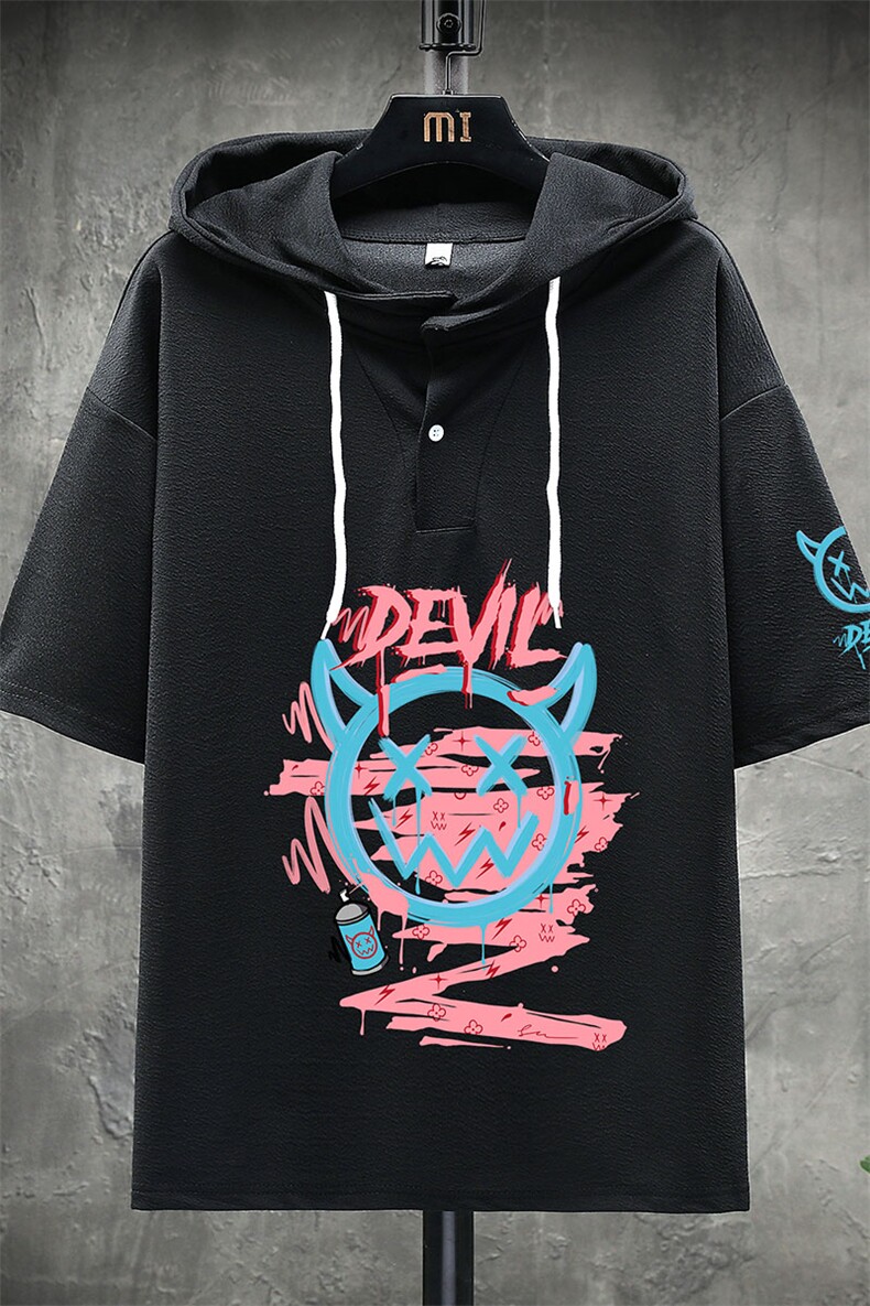 LD54178-P45连帽短袖t恤男大码胖子带帽五分袖中袖展架,男装T恤,电商A040A
