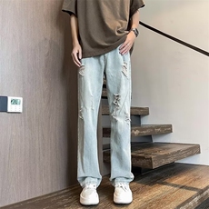 牛仔裤男夏季薄款破洞设计感裤子水洗直筒微喇裤N7279，男装牛仔裤，星座1116A-1（原606A）