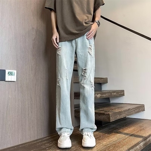 牛仔裤男夏季薄款破洞设计感裤子水洗直筒微喇裤 N7279图片