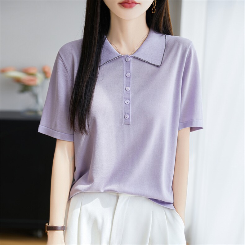 天丝polo衫女2025夏季宽松烫钻薄款正肩短袖翻领针织衫上衣t恤新,女装T恤,昭美羊绒