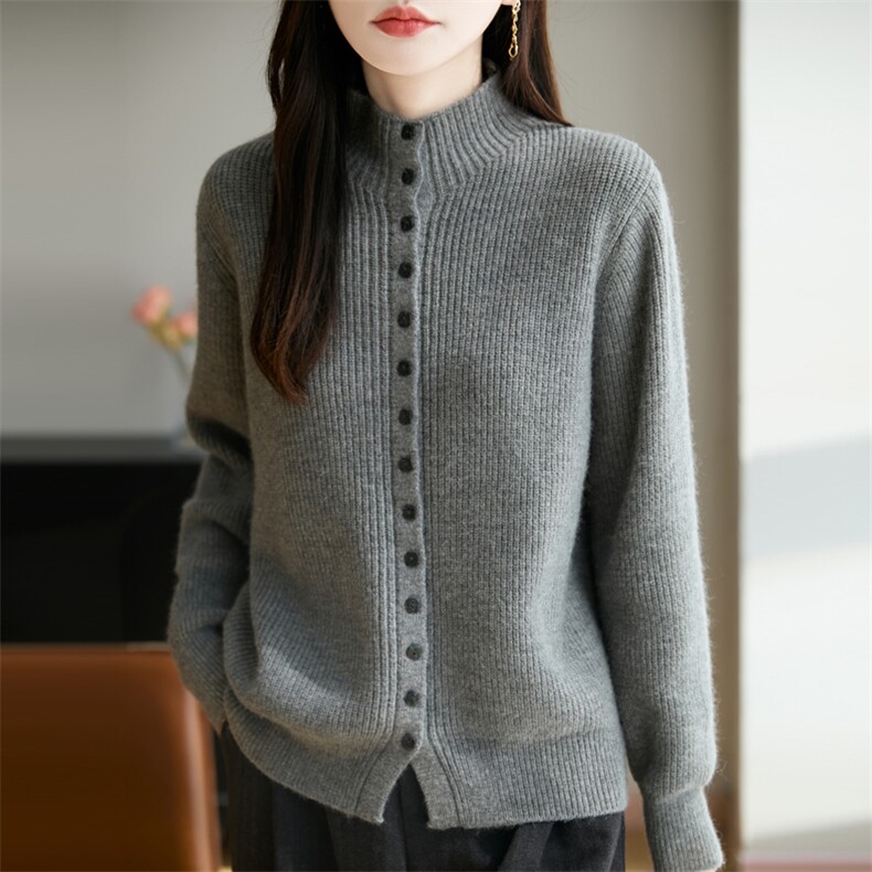 2025年秋季时尚百搭加厚元宝针立领单排扣开衫，女装针织衫/毛衣，九嘉羊绒