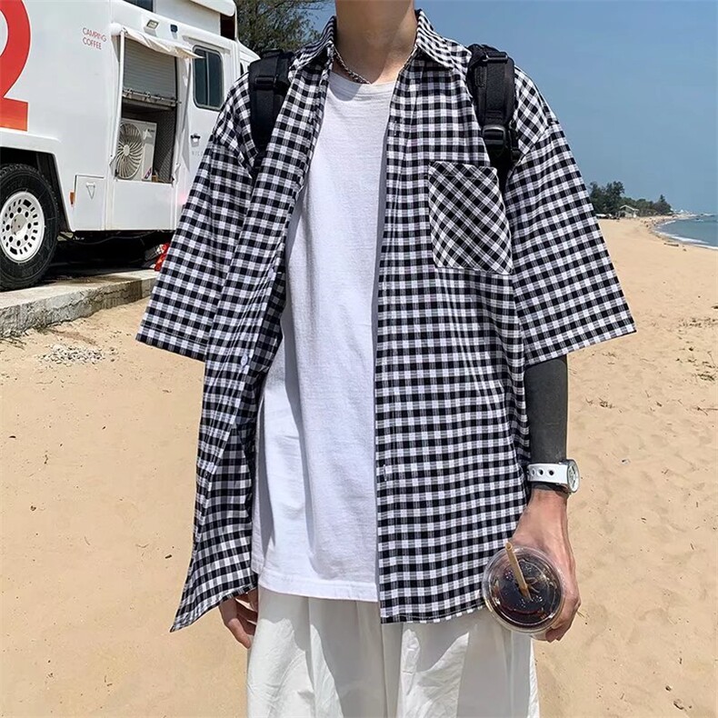 夏季短袖衬衫潮流帅气休闲衬衫格子衬衫C80P33,男装衬衫,星座1116-2