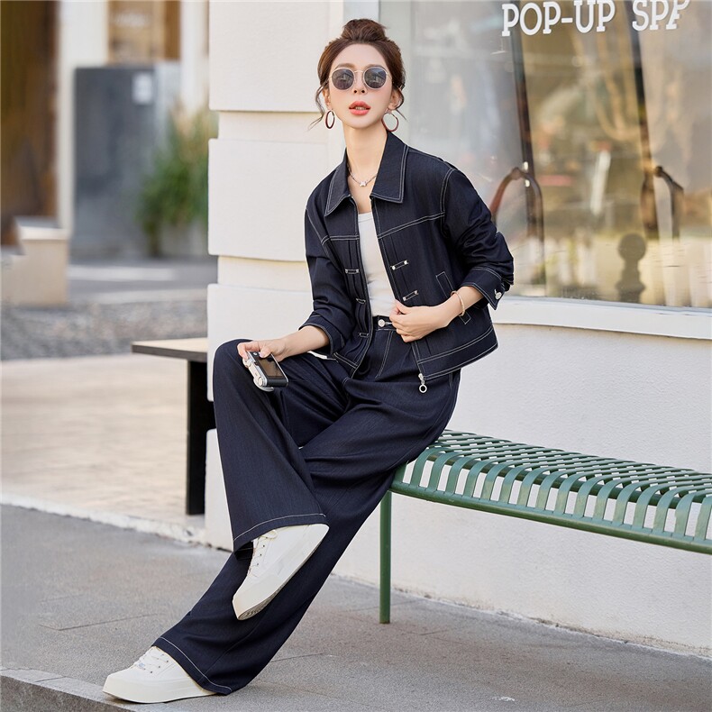 （新款现货）2026春装时尚休闲拉链天丝牛仔阔腿裤套装（两件套）,女装套装/套裙,印象茜