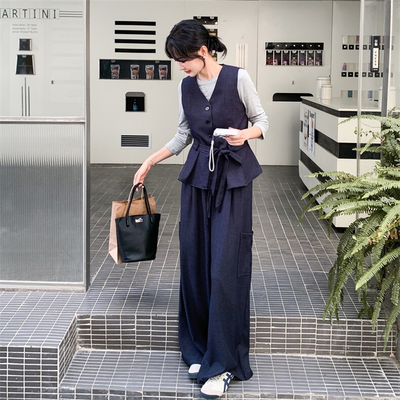 韩系简约高级感淡人穿搭套装女2025夏季休闲撞色上衣阔腿裤两件套,女装套装/套裙,浙宝217