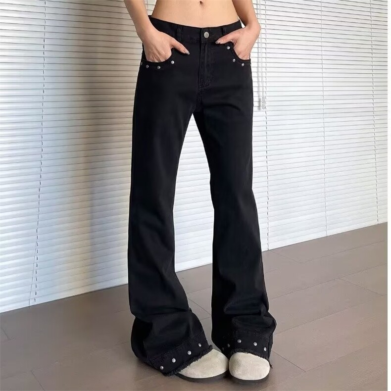 复古铆钉微喇牛仔裤男女小众美式cleanfit设计感休闲显瘦直筒长裤,男装牛仔裤,星座1210-1