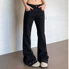 复古铆钉微喇牛仔裤男女小众美式cleanfit设计感休闲显瘦直筒长裤，男装牛仔裤，星座1210-1