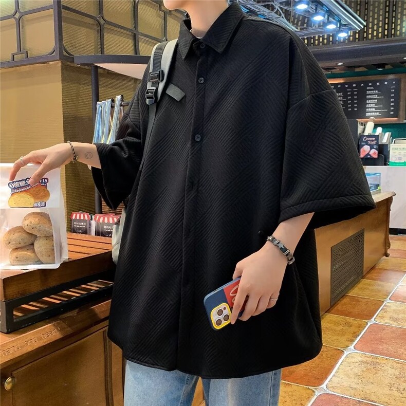 华夫格短袖衬衫男大码夏季男生日系潮牌宽松休闲衬衣5990P35,男装衬衫,星座410-2