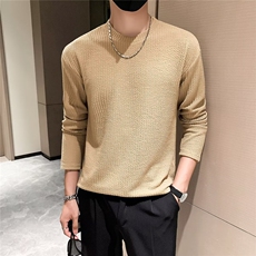 春季重磅设计感肌理压皱长袖T恤男休闲韩版慵懒风条纹打底衫上衣，男装T恤，星座516A