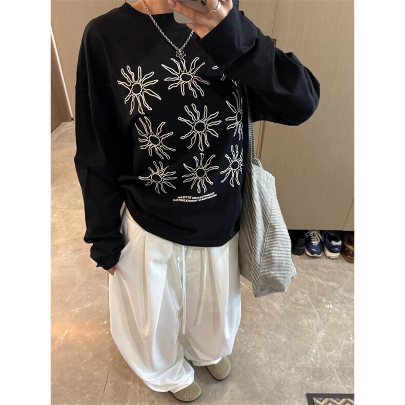 网图现货三本针圆领长袖T恤太阳花印花男女打底衫CT812-P29,男装T恤,电商C310