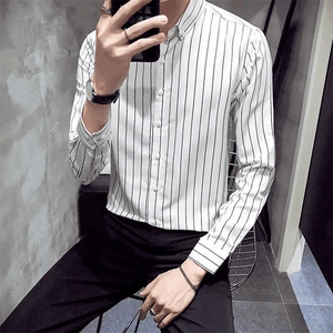 长袖衬衫男竖条纹修身衬衣春秋季韩版潮流商务休闲男装上衣服寸衫图片