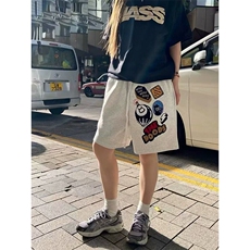 美式高街vibe风裤子植绒刺绣字母勋章短裤男款夏季宽松直筒五分裤，男装牛仔裤，四季星座505