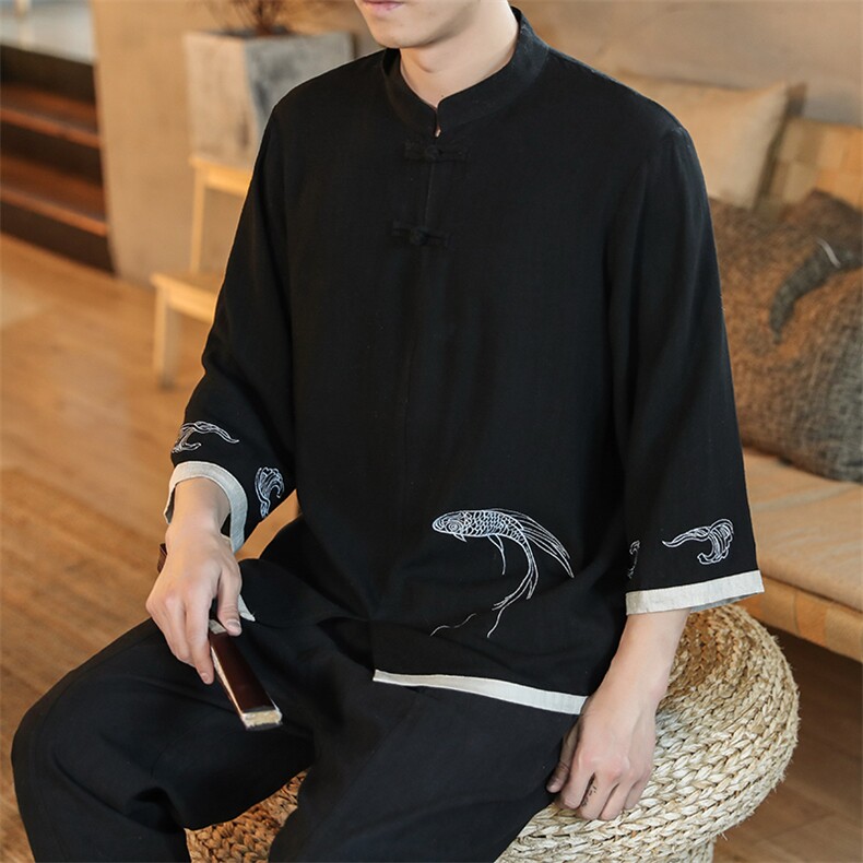 22ZG风夏季新款立领复古盘扣刺绣大码茶服男装B343-1-T173,男装T恤,电商A021