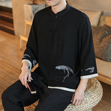 22ZG风夏季新款立领复古盘扣刺绣大码茶服男装B343-1-T173，男装T恤，电商A021
