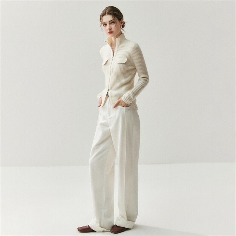 极简轻奢！高领双拉链山羊绒开衫女秋冬修身显瘦洋气针织毛衣外套，女装针织衫/毛衣，绒创羊绒